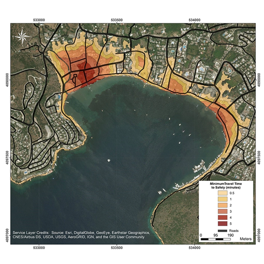 Tsunami Evacuation Walk Time Map for the coastal areas around the Bitez Bay according to the merged inundation area of Combined Gokova Seismic and Gokova-North-Datca Landslide Scenario and 1956-Amorgos Scenario