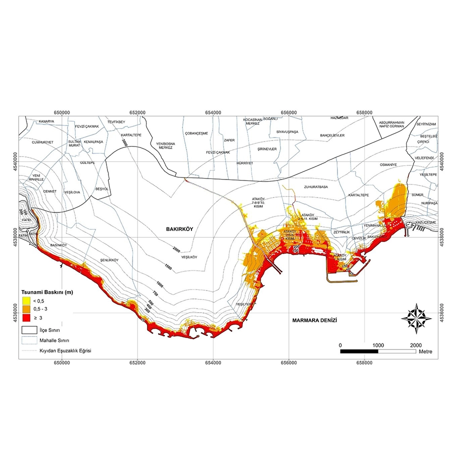 LSBC kaynaklı tsunami simülasyonlarından kaynaklanan tsunami su baskını dağıtım haritası